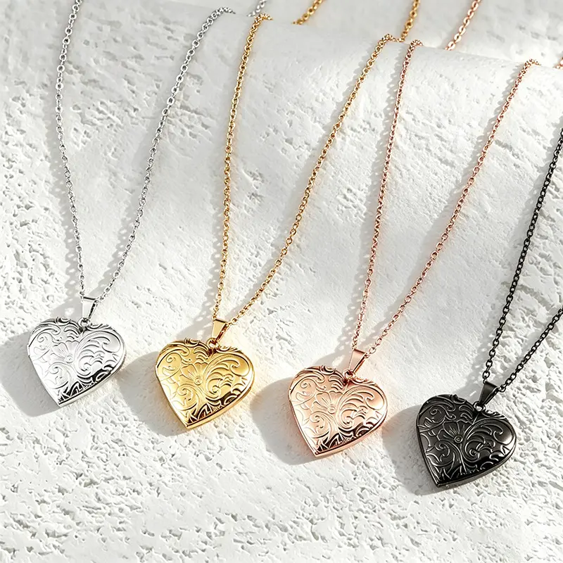Retro Stainless Steel Heart Photo Locket Necklace for Women, High Polish Mirror Finish Engraved Botanical Line Pendant, Flat Cable Chain Keepsake Gift for Her