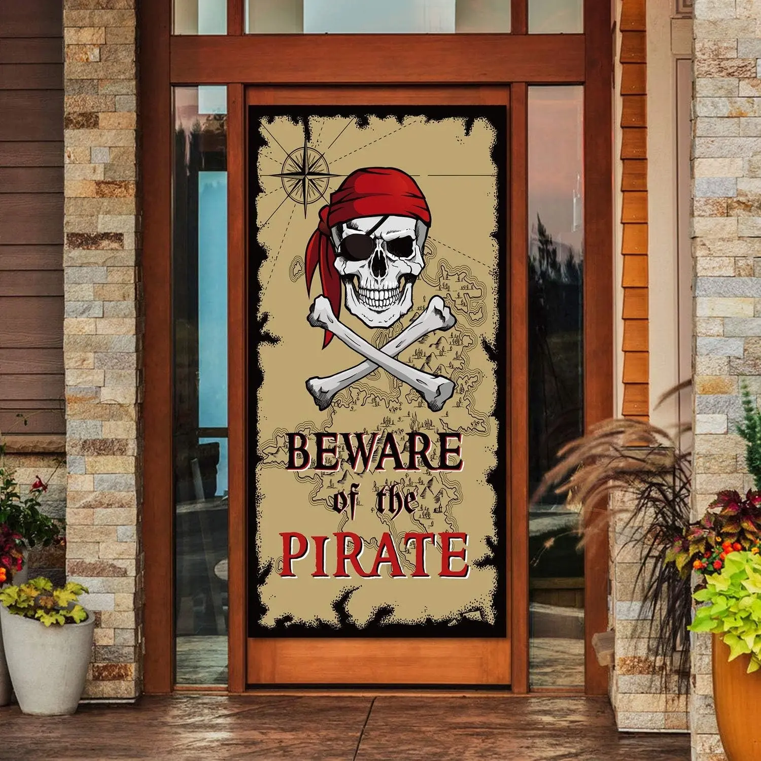 2D Flat Banner Door Cover, Pirate Theme Party Backdrop, Cruise and Nautical Party Decor, Treasure Hunt Halloween Birthday Decoration