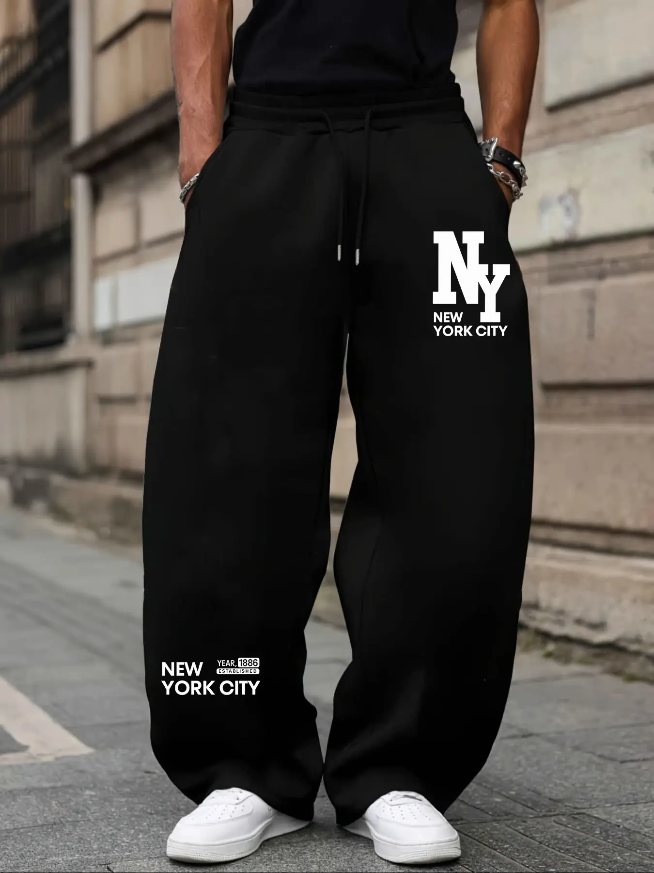 Black Wide‑Leg Sweatpants With NY NEW YORK CITY Letter Print, Elastic Drawstring Waist Draping Floor‑Length Casual Trousers For Men