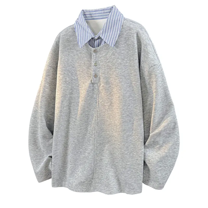 Fake Two-piece Henley Long Sleeve Top, Striped Contrast Collar, Three-button Placket, Drop Shoulder Oversized Fit, Soft Heather Knit Fabric, Daily Casual Streetwear For All Matching #SummerWins