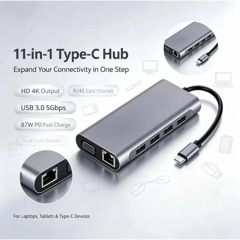 USB C HUB 11 in 1 Type C to HDMI-compatible VGA 4K 30Hz RJ45 PD 87W USB3.0 SD TF Card Reader Docking Station For MacBook Pro Air