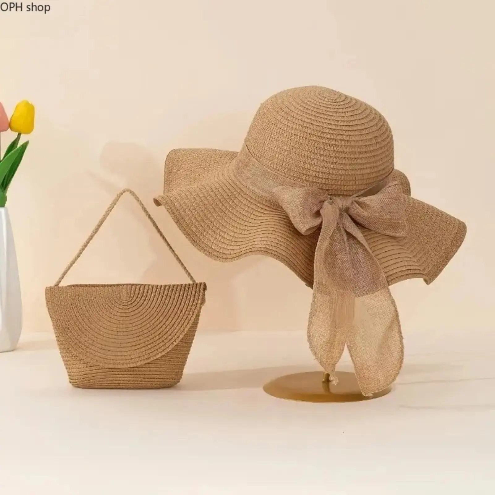 Women’s Boho Handwoven Straw Hat & Tote Set - Wide Brim, Breathable Lightweight, UV Sun Protection, Natural Texture, Summer Beach Vacation Outdoor Fashion Accessories