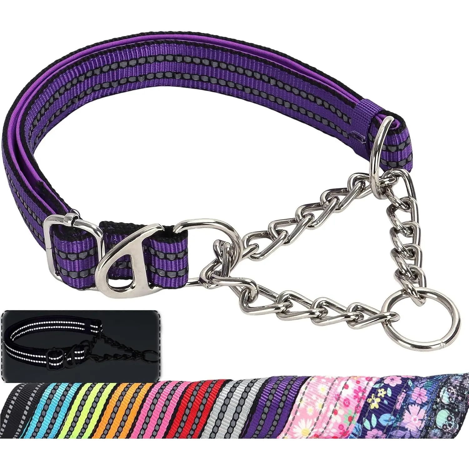 Reflective Martingale Dog Collar，Trainer Approved Limited Slip Collar with Chain Heavy Duty D-Ring Adjustable for Gentle & Effective Medium Large XL XXL Dogs （Purple L）