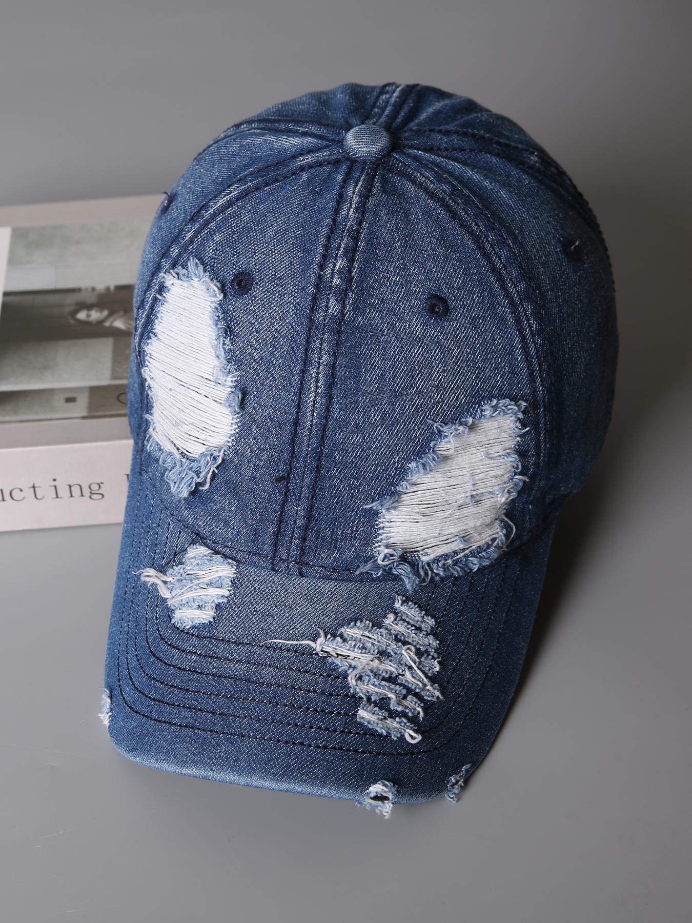 Unisex Vintage Washed Distressed Denim Baseball Cap Fashion Hole Design One Size Fits All Trendy Casual Headwear for Men and Women