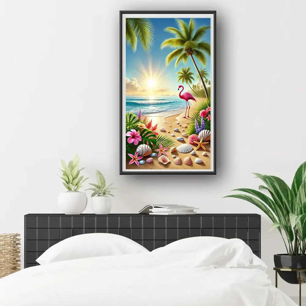 A set of 2D flat unframed handmade DIY diamond painting kit, fresh tropical beach flamingo coconut tree scenery style, suitable for living room and bedroom wall decoration painting.