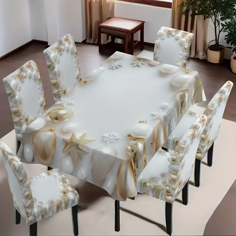 5/7pcs Christmas Ornaments Stars Chair Cover and Tablecloth Set Perfect for Outdoor Decor and Tea Tables Easy To Clean Removable and Washable Comfortable and Elastic Ideal for Christmas and Halloween Parties