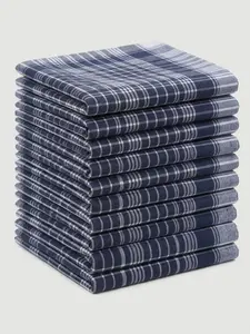 12-Pack Polyester Handkerchiefs Set, Classic Blue Plaid Pattern, Soft Woven Towels, Absorbent