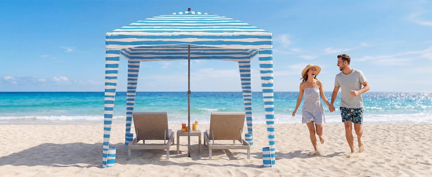 Beach Tent Cabana Portable Shelter Canopy UPF 50+ Waterproof Easy Setup Sun Shade with Vent Top Sand Pockets Carry Bag for Outdoor Family Fun
