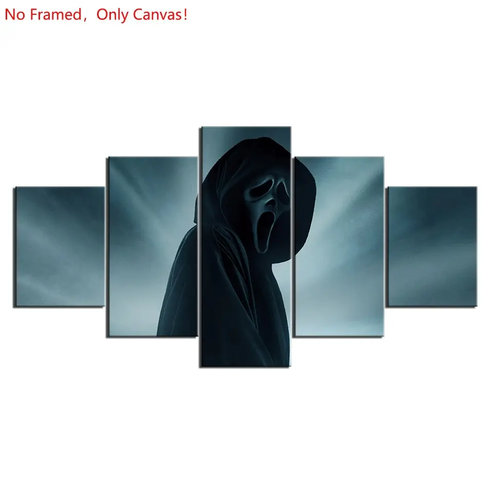 5 piece/set of frameless canvas painting print poster, classic Scream Horror Movie Style art, Ghostface Scream, Gothic wall decor, A perfect gift for Halloween lovers, bedroom, living room, mural, wall decoration