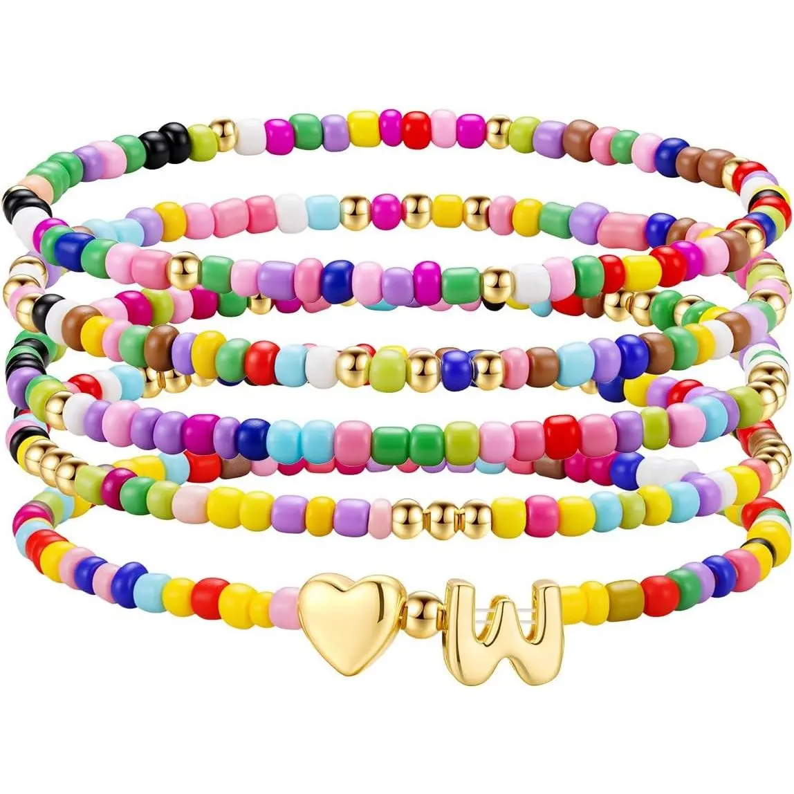 Gifts for Girls  - 5 count Colorful Beaded Initial Girls Bracelet | Cute Stretch Heart Letter Bracelet for Teen Girls, Initial Bracelet  for , Birthday Gifts for Girls Teen Girl