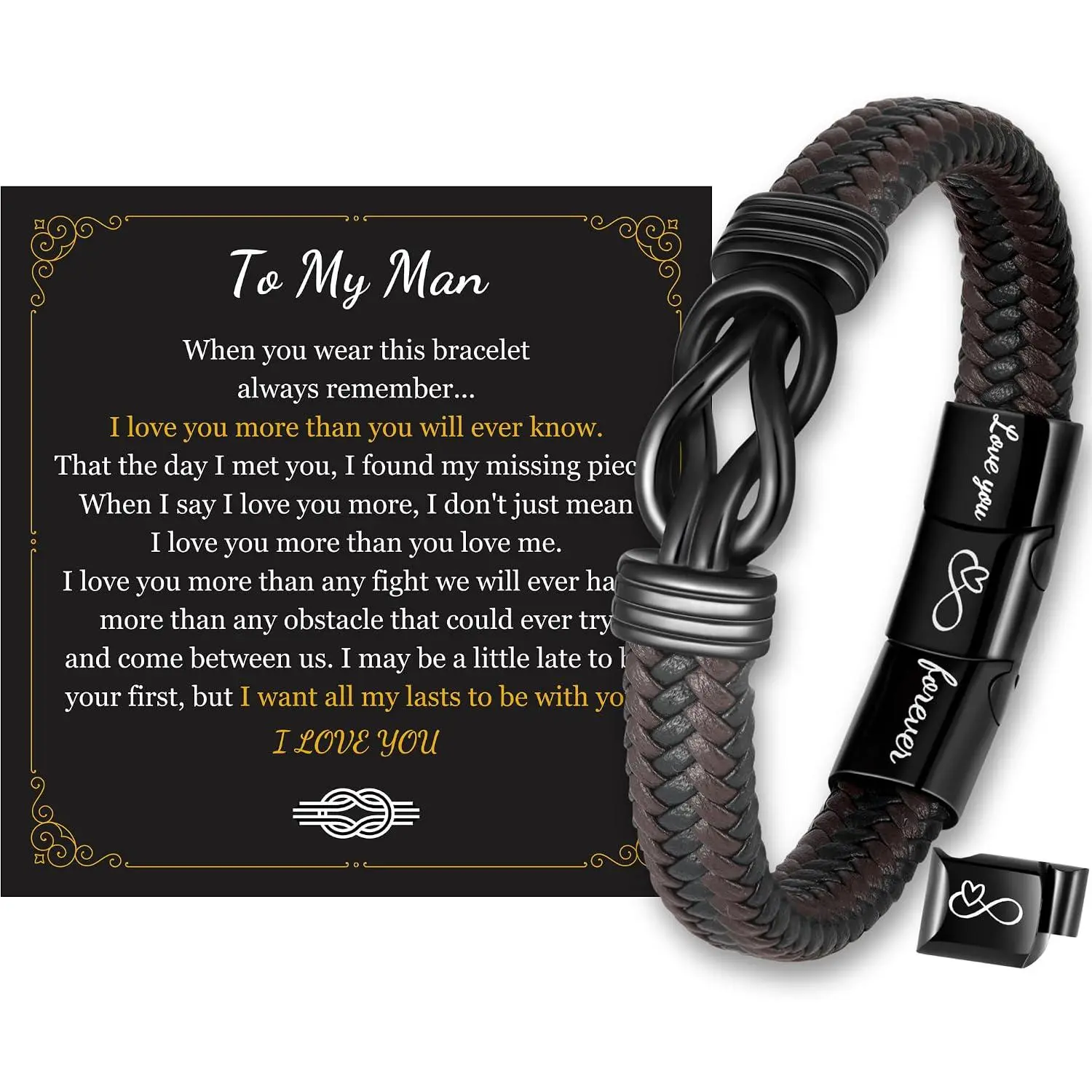 Infinity Leather Bracelet Gifts For Men, Engraved Message Love You Forever Bracelet For Son Husband Boyfriend, Birthday Graduation Gifts for Men