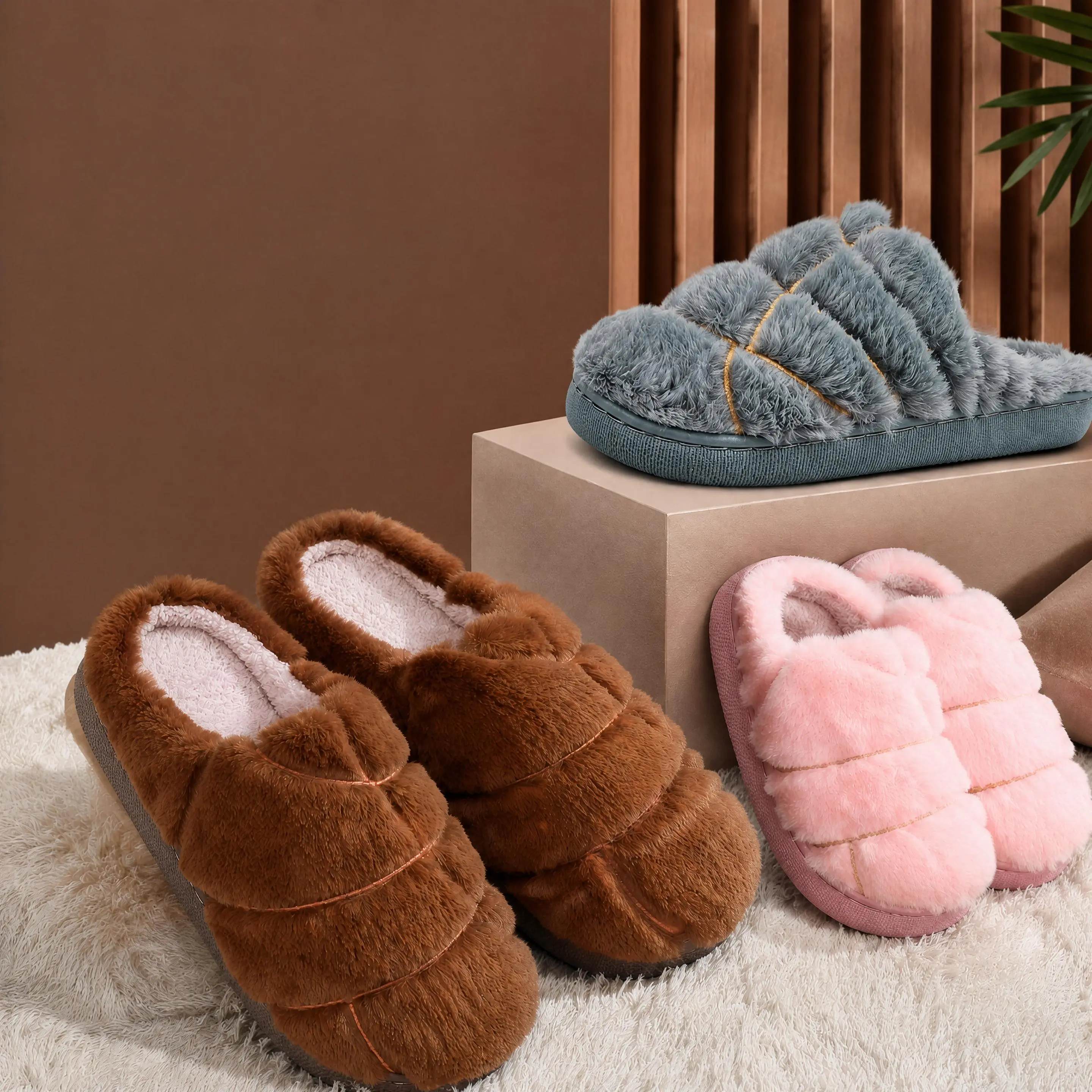 Women's Soft Ribbed Plush Closed-Toe Mule Lounge Slippers, Warm Anti-Slip Sole, Comfortable Indoor Bedroom Home Footwear with Slip-On Fit