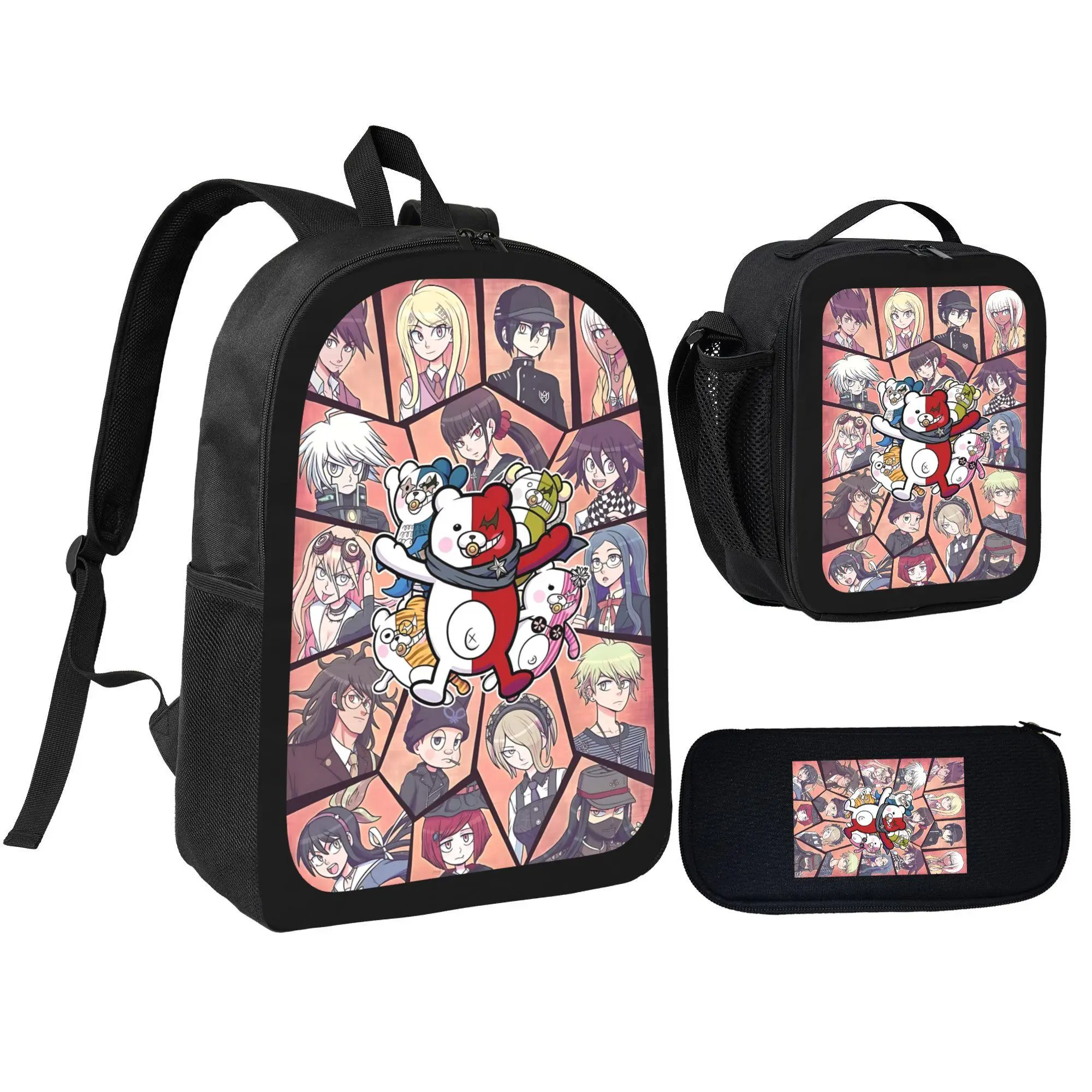 Danganronpa Anime Graphic 3-Piece Unisex Backpack Set - 7 Styles, 17-in Oxford Fabric Campus Life Student Bookbag with Lunch Box, Pencil Case, Double Zips, Monokuma Full Prints, Lightweight Rucksack, Cosplay Back to School Haul Gift for Teens