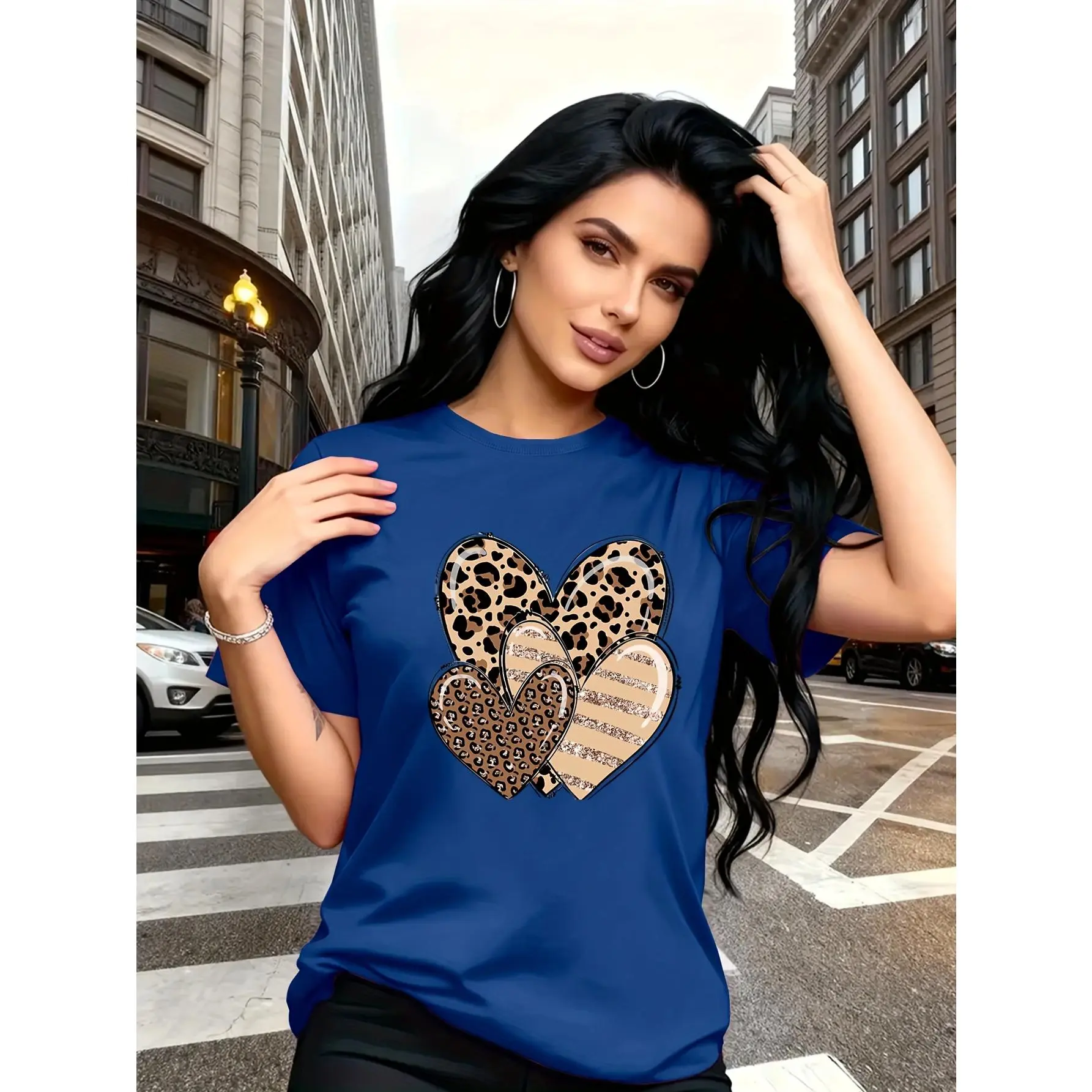 Men's Cherry Red Leopard Print & Heart Design Short-Sleeve Round Neck Pullover T-Shirt - Knit Polyester-Elastane Polyester Blend, Appliqué & Graphic, Medium Stretch, Breathable Fabric, Casual Fit Tops for Valentine's Day, Sister Matching Outfits