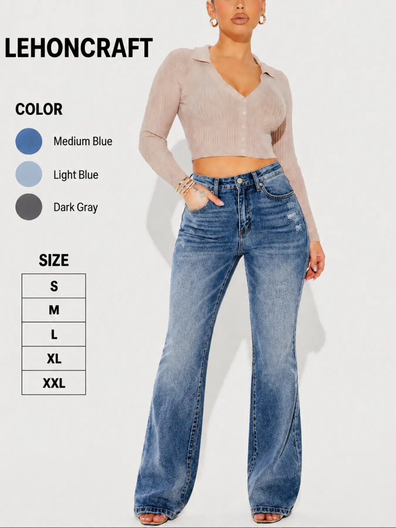 LEHONCRAFT Women's Gradient Color Slim Fitted FashionStreetwear Bootcut Jeans, Pocket Cat Eye TextureMedium Washed Denim Mid Waist Stretchy Pants,Bohemian Style for All Seasons
