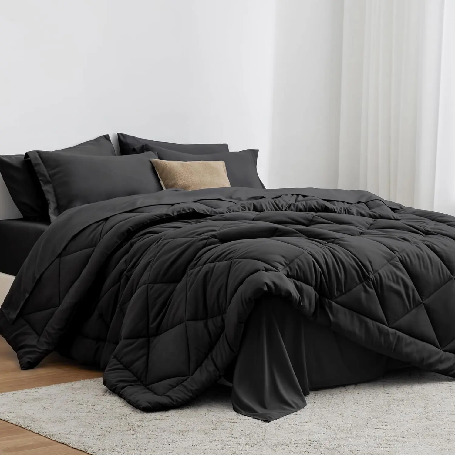 King Size Comforter Set Black, 7 Pieces King Bed in a Bag, All Season Bedding Sets with 1 Comforter, 1 Flat Sheet, 1 Fitted Sheet, 2 Pillowcase and 2 Pillow Sham