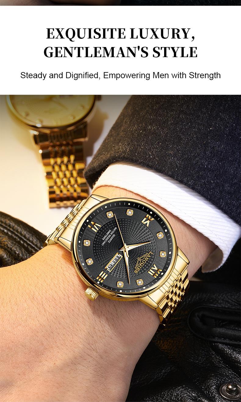 LANGQIES Elegant Multi-Function Men's Watch with Original Swiss Movement, featuring Dual Calendar, 42mm Dial, Sapphire Crystal, Stainless Steel Band, and Luminous Water-Resistant Design.
