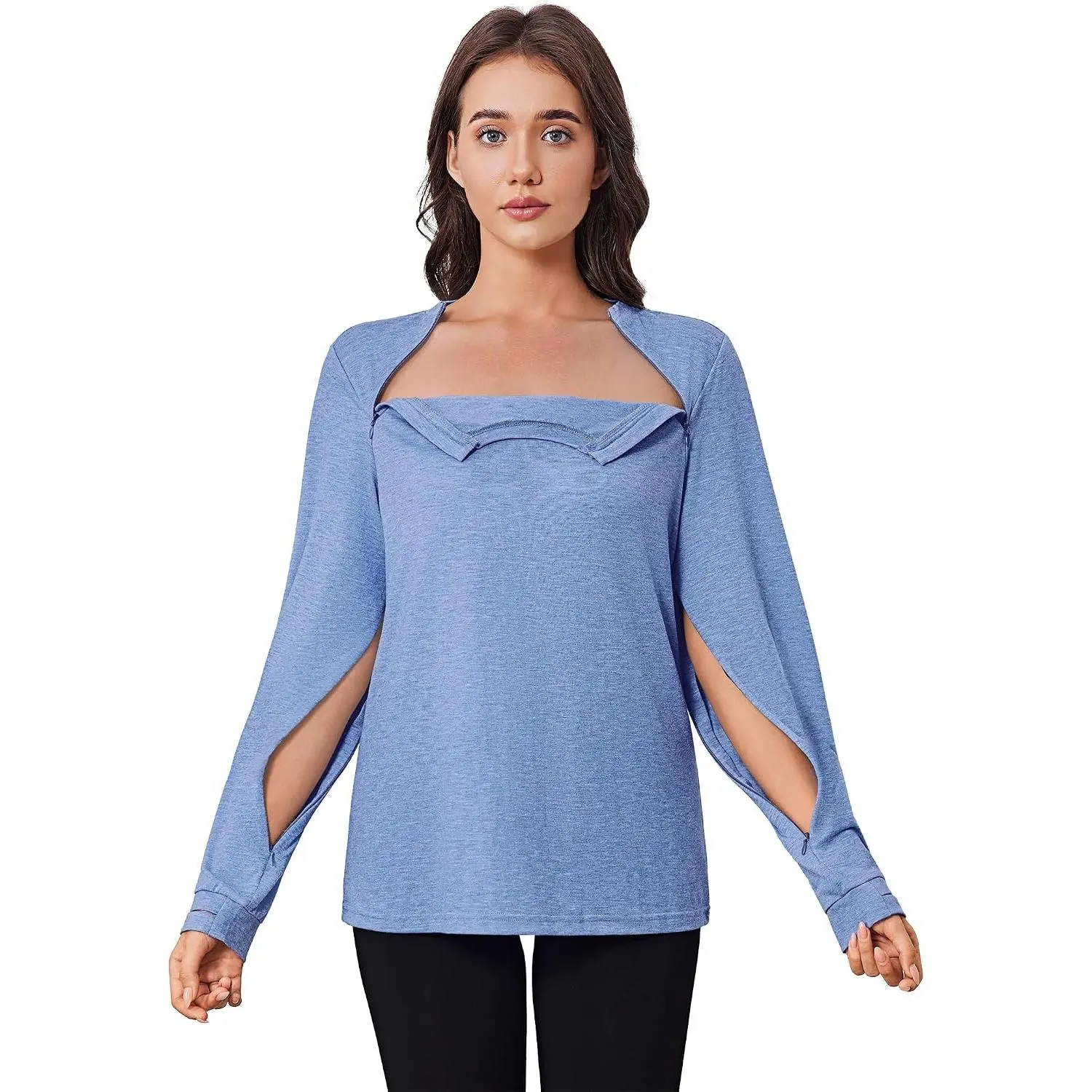 Women's Long Sleeve Chemo Port Access Shirt Post Surgery Shoulder Dialysis Sweatshirt with Arm ZipperGift