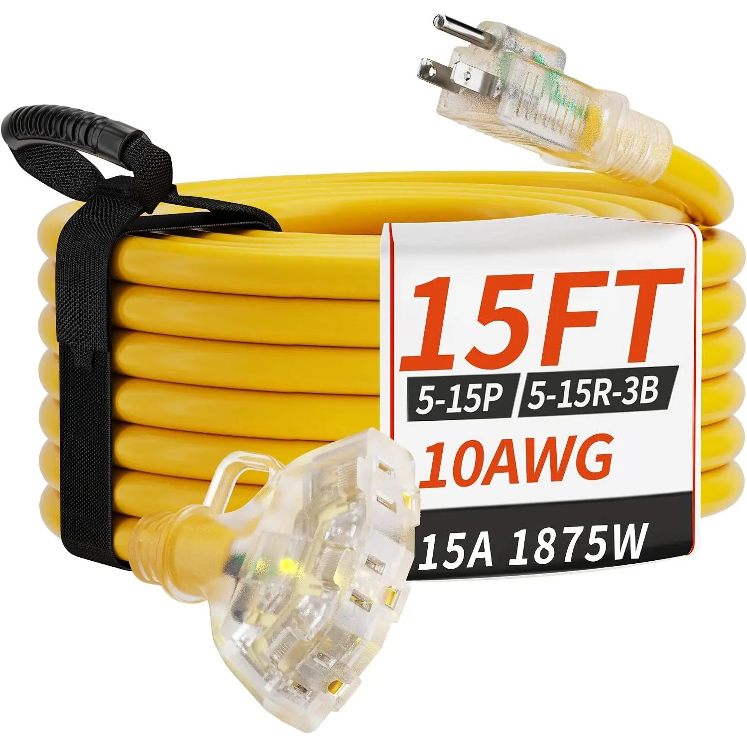 15 FT 10 Gauge Outdoor Extension Cord with Multiple Outlets
