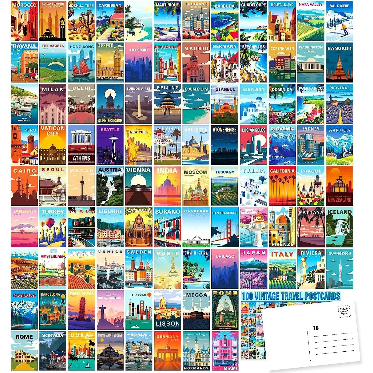 100 Vintage Travel Postcards Set, World Famous Country & City Illustrations, 4x6 Mailing Postcards, Travel Decor Posters Prints for TravelersGift