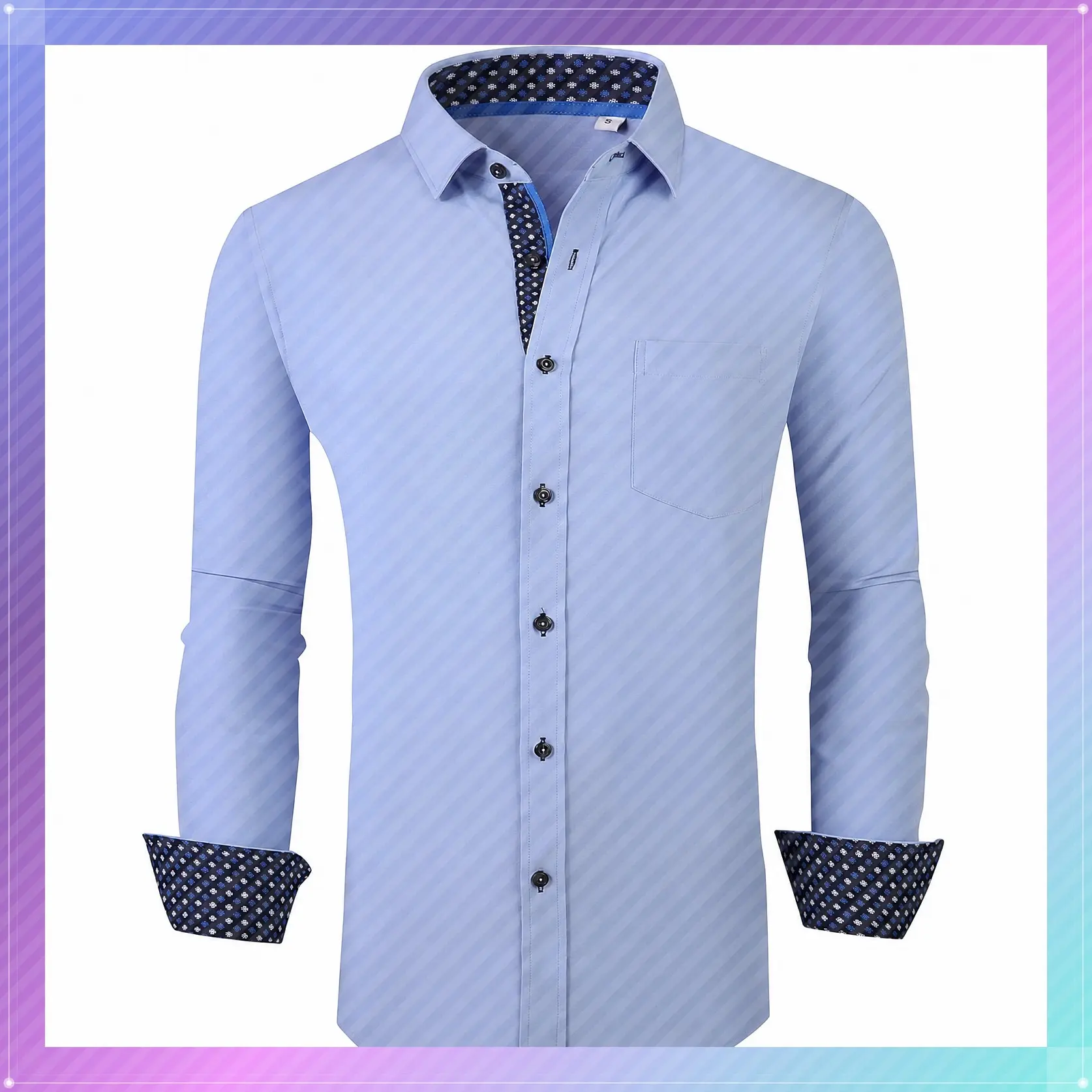 Men's Wrinkle-Free 4-Way Stretch Button-Down Dress Shirt – Lightweight with Left Chest Pocket, Contrast Trim, Matched Buttons, True to SizeGift