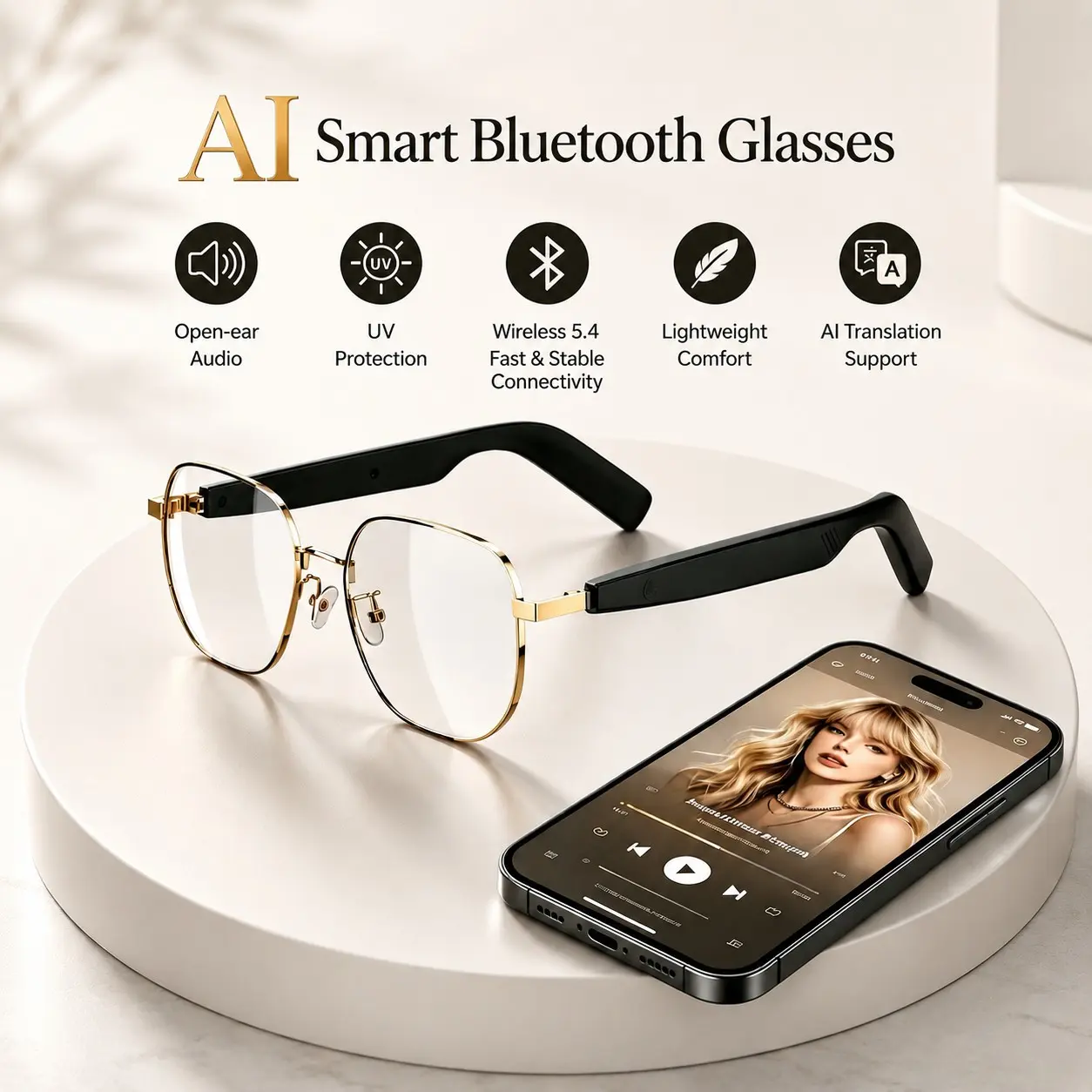 AI Bluetooth smart glasses, Wearable Tech Glasses, supporting translation of multiple language apps, music glasses, in ear automatic detection switch, sweatproof, sunscreen sunglasses, suitable for travel, navigation, meetings, business