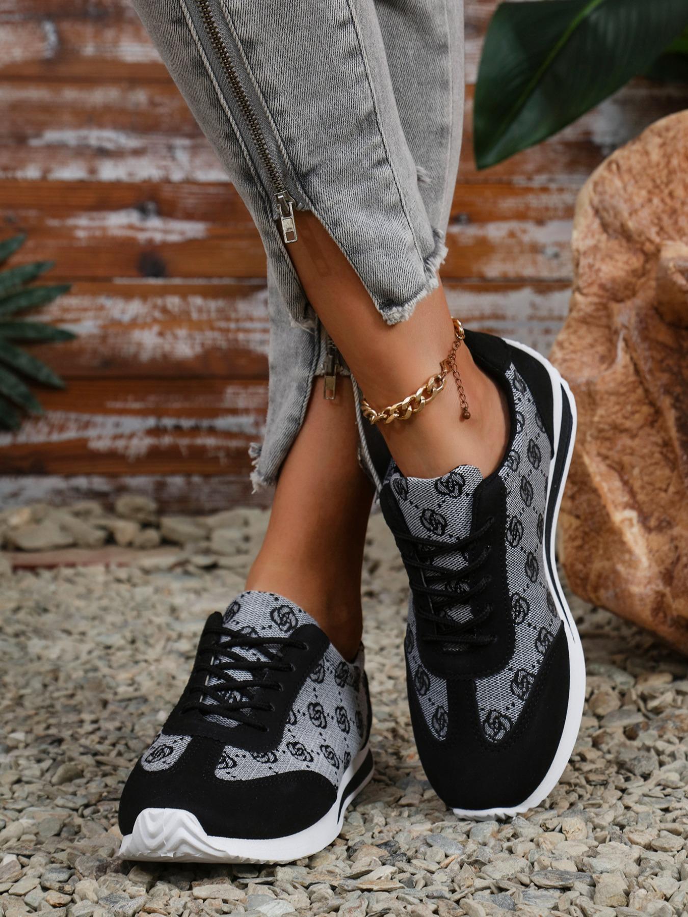 Women's Fashionable Floral Pattern Lace Up Low Top Sneakers, Casual Comfortable Breathable Sports Running Shoes, All-match Basic Shoes for Daily Wear, Sporty Running Shoes