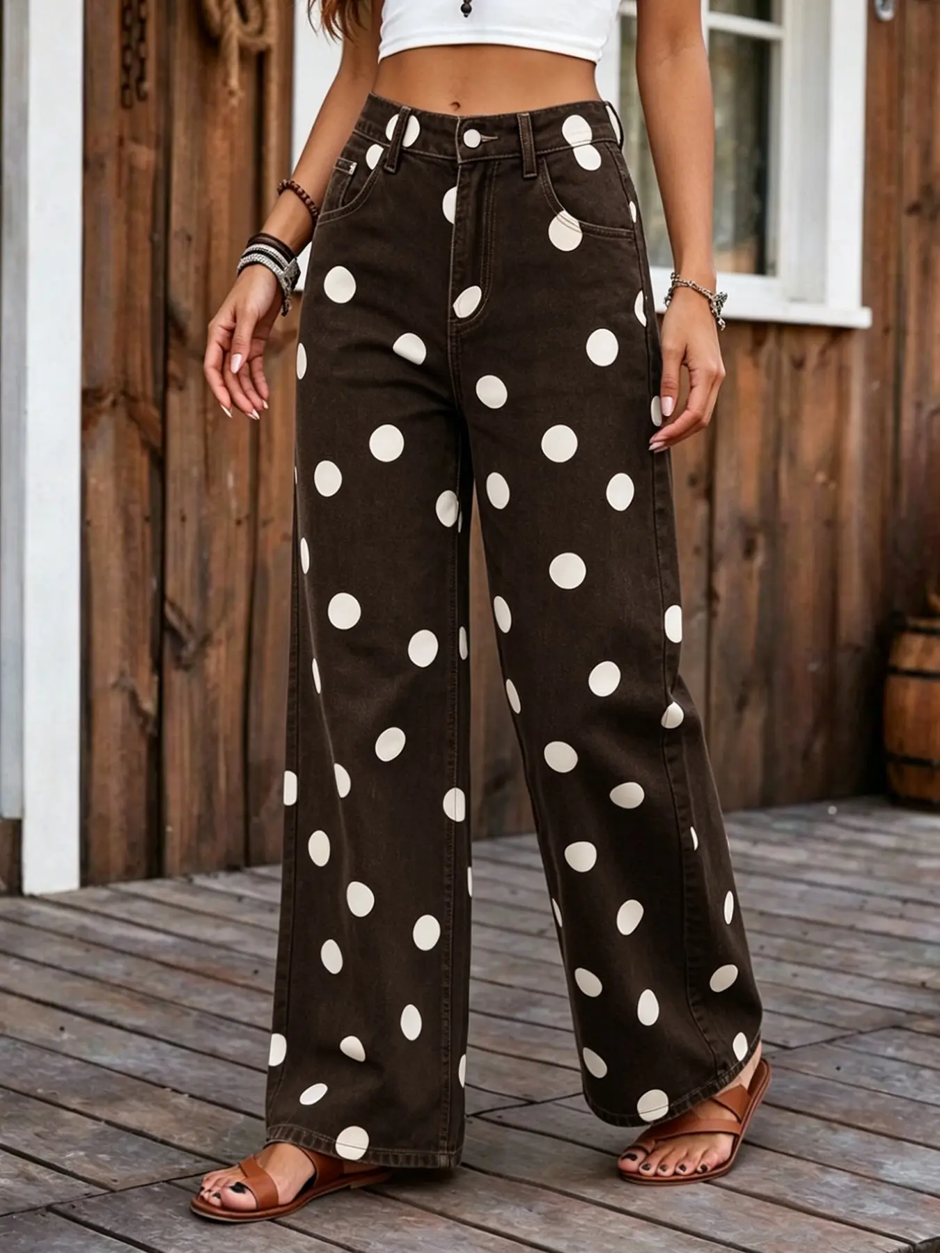 Women's Denim Wide-Leg Trousers, Polka Dot Pattern, High Waist, Loose-Fitting, Casual Elastic Waisted, Casual Style, All Seasons, Elastic Fabric, Long Length, Pants, Casual Baggy Trousers