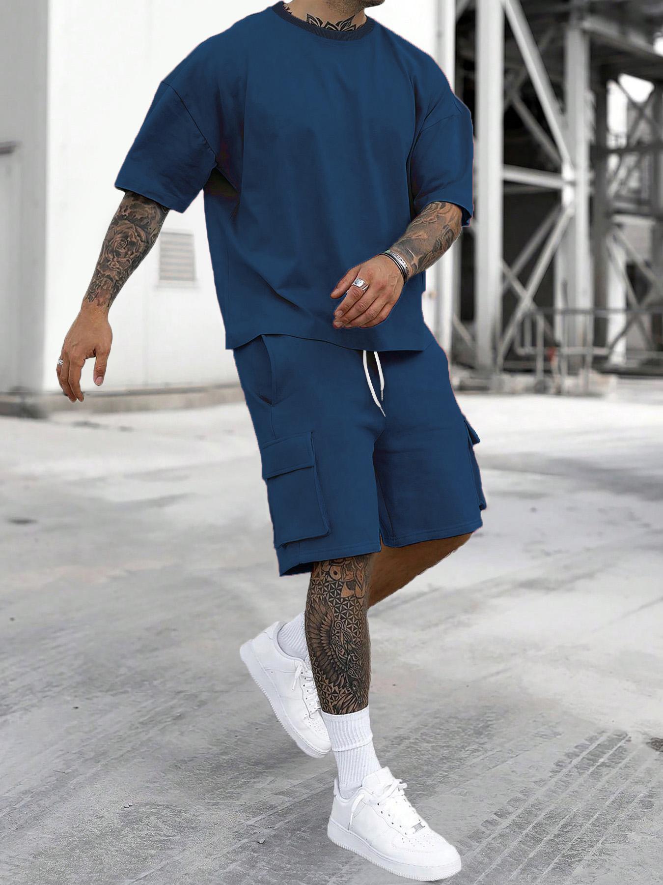 Men's Solid Color Tee & Drawstring Waist Shorts Loungewear Two-piece Set, Regular Fit Breathable Menswear and Soft Casual Comfy Round Neck Short Sleeve T-shirt & Pocket Shorts Pj Set, Men's Sleepwear for Summer