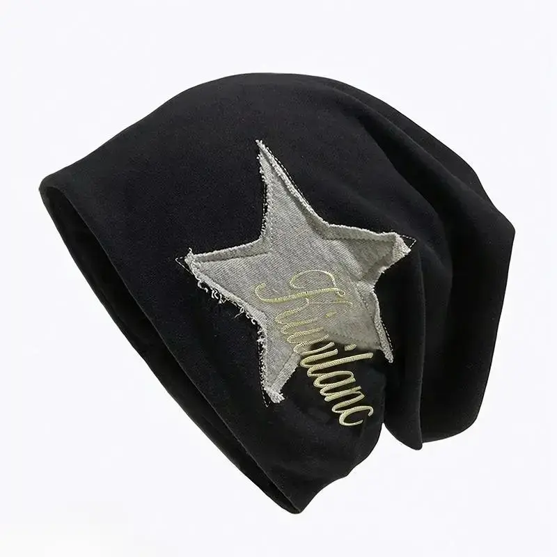 Unisex Y2K Cotton Knit Slouchy Beanie - Embroidered Star Patch, Oversized Soft Streetwear Skull Cap, Warm Headwear for Fall, Winter Daily Wear