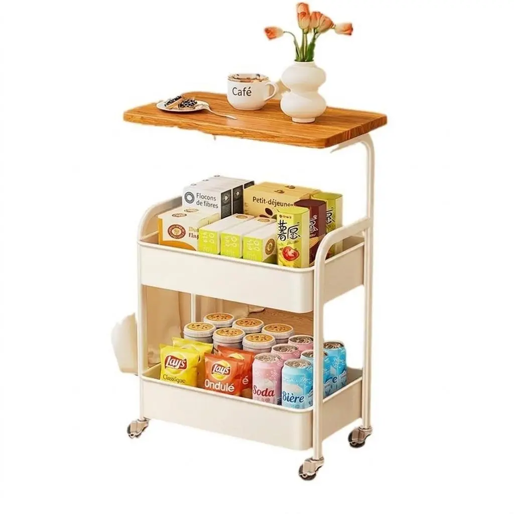Minimalist Design 3-Tier Rolling Wooden Top Utility Cart - Tool-Free Setup, Metal Mesh Wire Basket Rack, 3-Compartment Mobile Organizer for Living Room Kitchen Small Spaces, Three Compartment Utility Carts