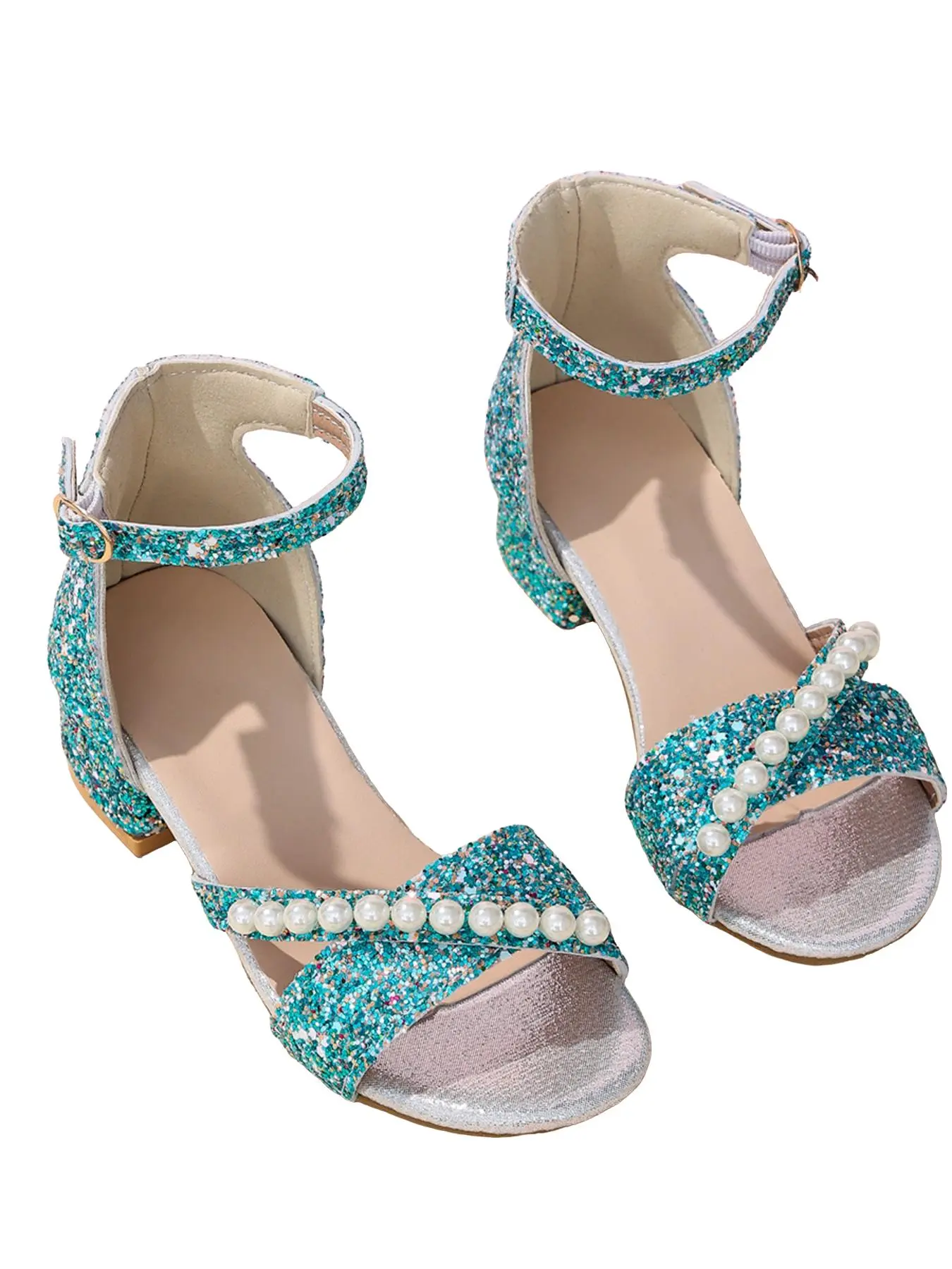 Blue Sparkly Pearl High Heel Sandals, Colorblock Design Sandals, Chic Summer Footwear, Fashionable and Elegant, Perfect for Performances and Parties, Easy-To-Wear Buckle Design