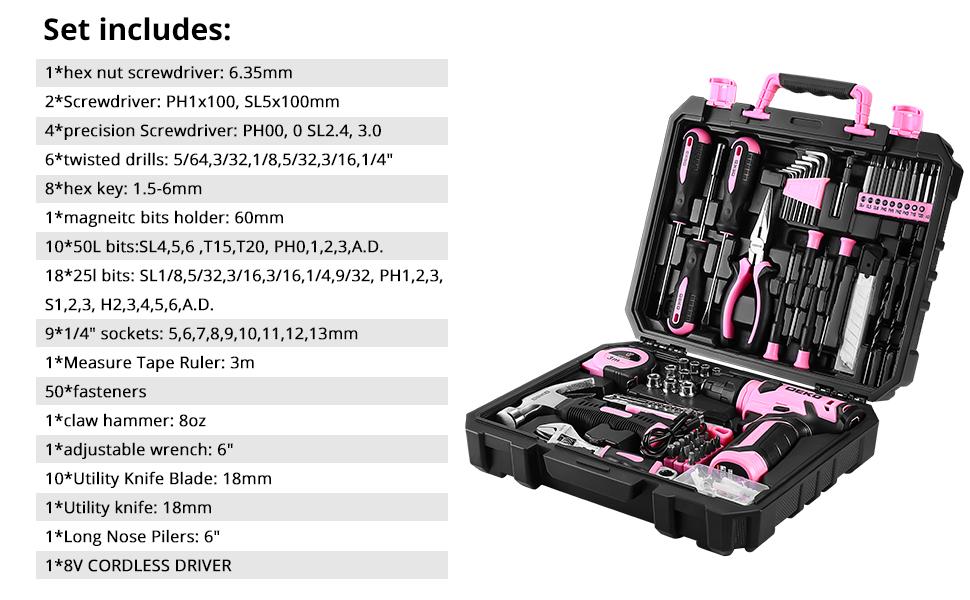 Drill Set, Home Tool Set with 8V Pink Cordless Drill, Hand Tool Kit for Women, 126 pcs