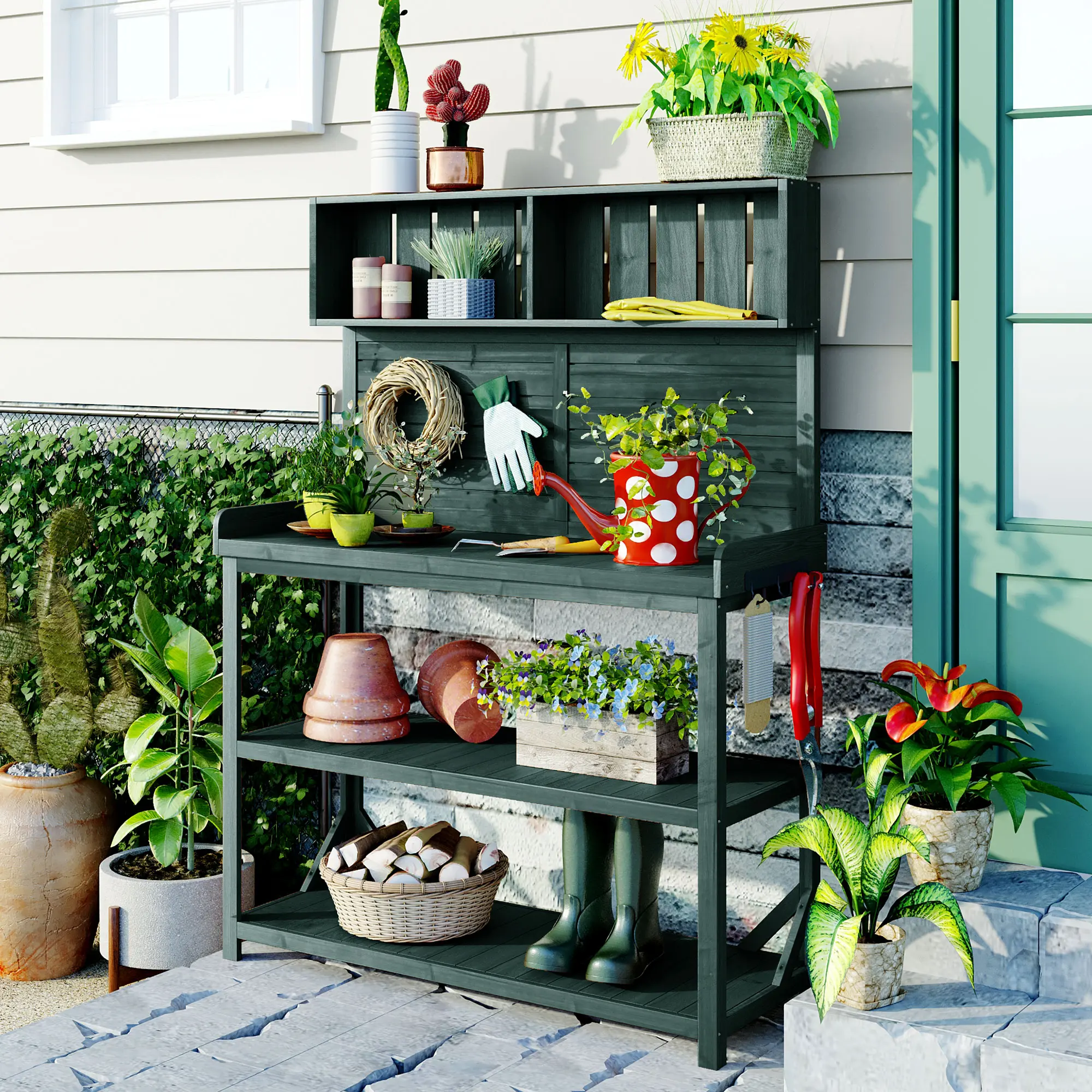 ARCH 65" Large Wooden Farmhouse Outdoor Potting Bench Table, Rustic Garden Workstation with 4 Storage Shelves and Side Hooks, Solid Fir Wood Patio Potting Station for Gardening Tools and Supplies, Forest Green, Green Color Options,sohochic