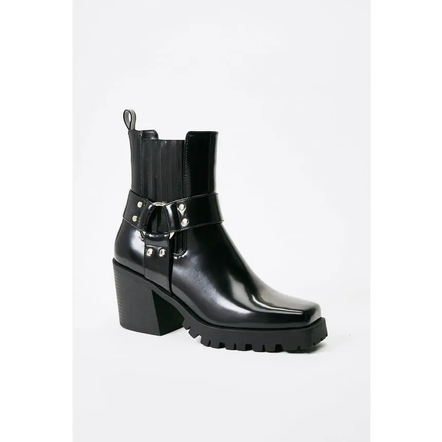 JUST FAB Womens Square Toe Biker Boots for Women, 2.75" Chunky Heel Metal Buckle Ankle Boots, Edgy Moto Style Boots TPR Lug Sole Combat Boots