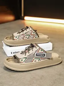 Men Ethnic Geometric Print Slide Sandals Adjustable Drawstring Casual Thick Platform Non Slip Open Toe Beach Walking Slippers
