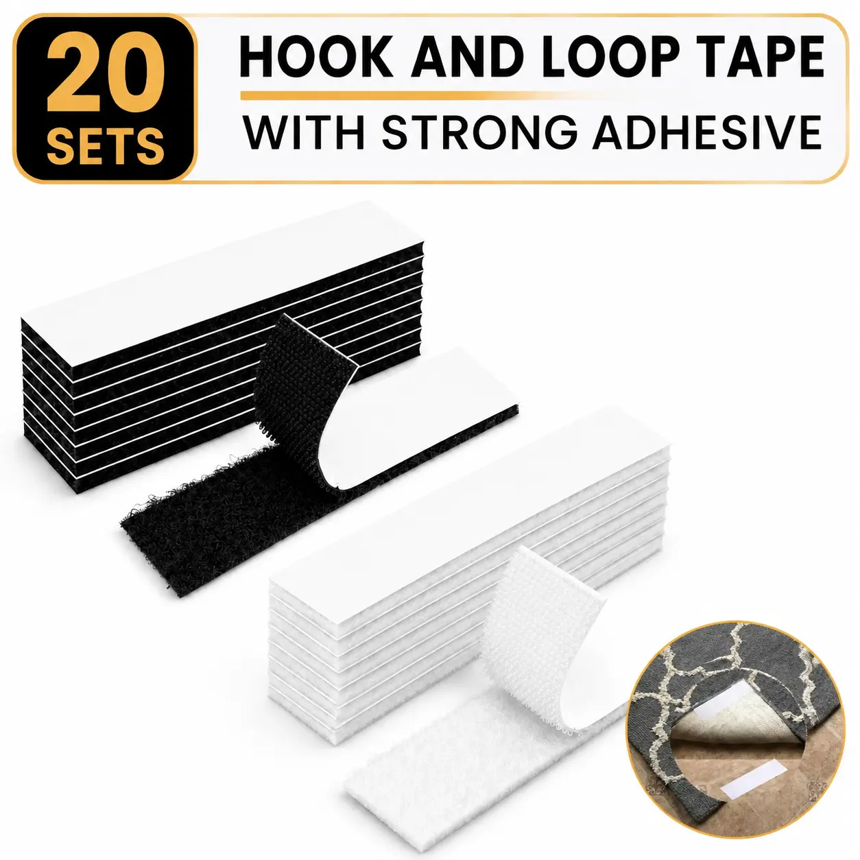 20 Pack Heavy Duty Hook and Loop Tape Strips, 1x3 Inch Double Sided Adhesive Fastener Tape, Reusable Interlocking Mounting Strips for Fabric, Carpet, Rugs, Posters, Wall Decor, Cable Management, Home Office, Classroom, Dorm, Craft and DIY Projects