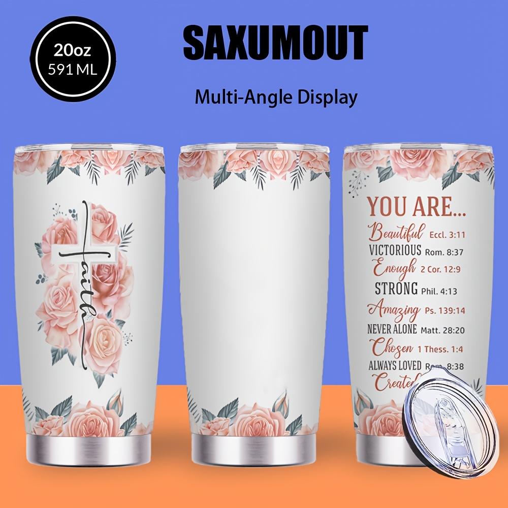 20oz Stainless Steel Tumbler with Lid & Straw - Vacuum Insulated, Double-Wall Travel Mug, Portable Cup with Time Marker Markings & Flower for Coffee, Tea, Juice - Gift for / (Valentine's, Mother's