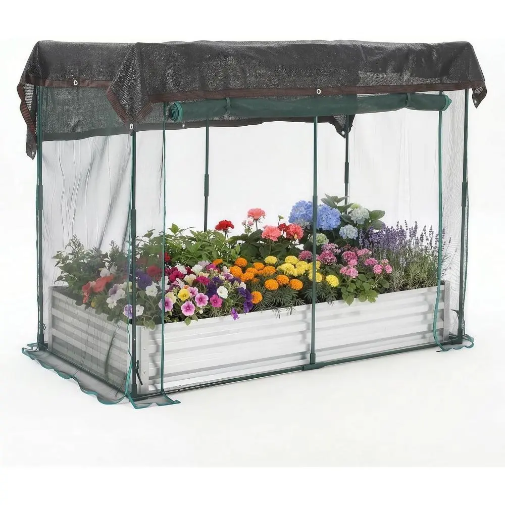 Galvanized Steel Raised Garden Bed with Dual Protection Cage, 6×3×1ft Metal Frame Planter Box, Insect Netting, 60% Sun Block Shade Net, Zippered Access Door for Vegetables, Flowers, Outdoor Garden Accessories