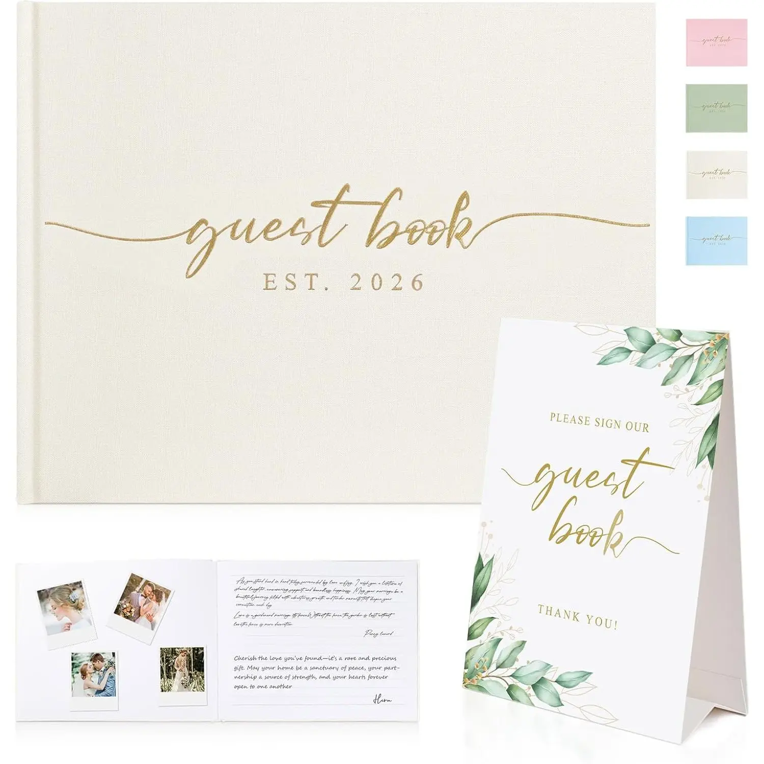 Wedding Guest Book with Personalized 2026 Year - Linen Photo Guest Book for Wedding Reception Bridal Shower Guests to Sign - 100 Pages Blank and Lined Acid Free Paper (Beige)