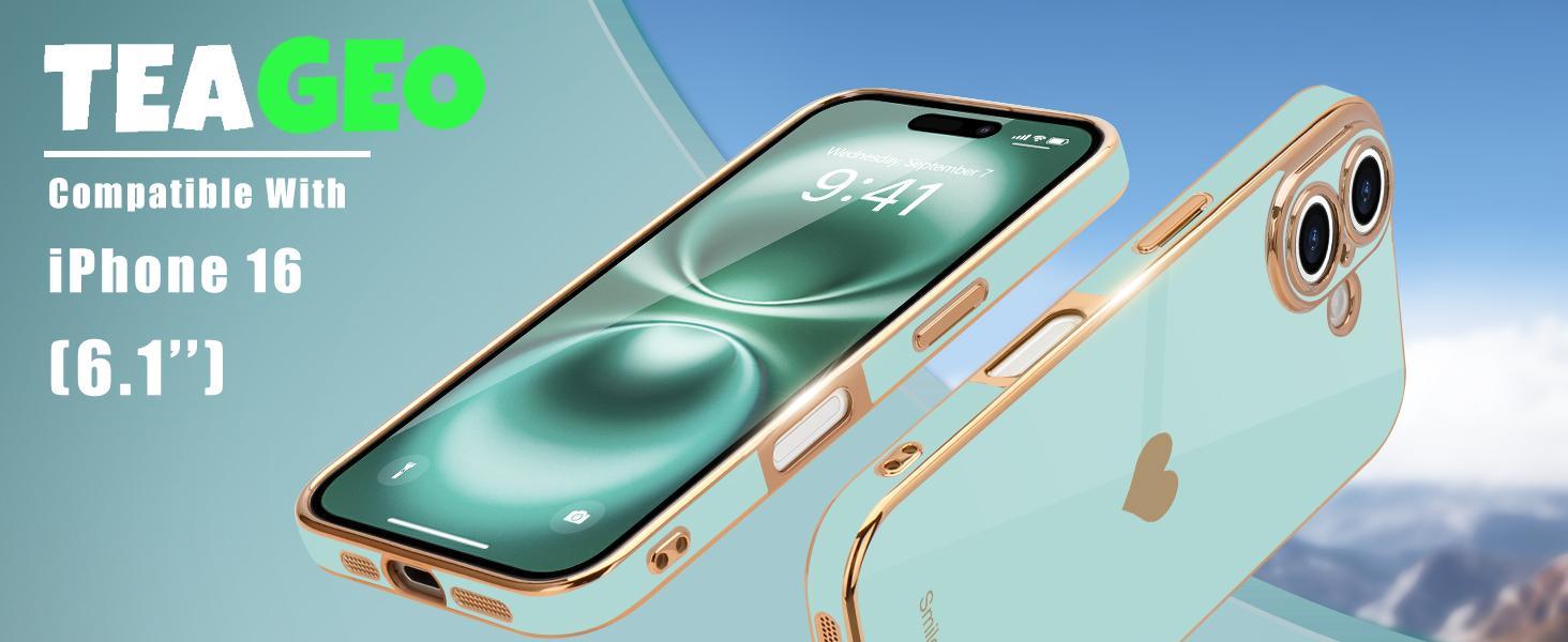 Teageo Compatible with iPhone 16 Case for Girl Women Cute Love-Heart Luxury Bling Plating Soft Back Cover Raised Camera Protection Bumper Silicone Shockproof Phone Case for iPhone 16, Pearl Aqua
