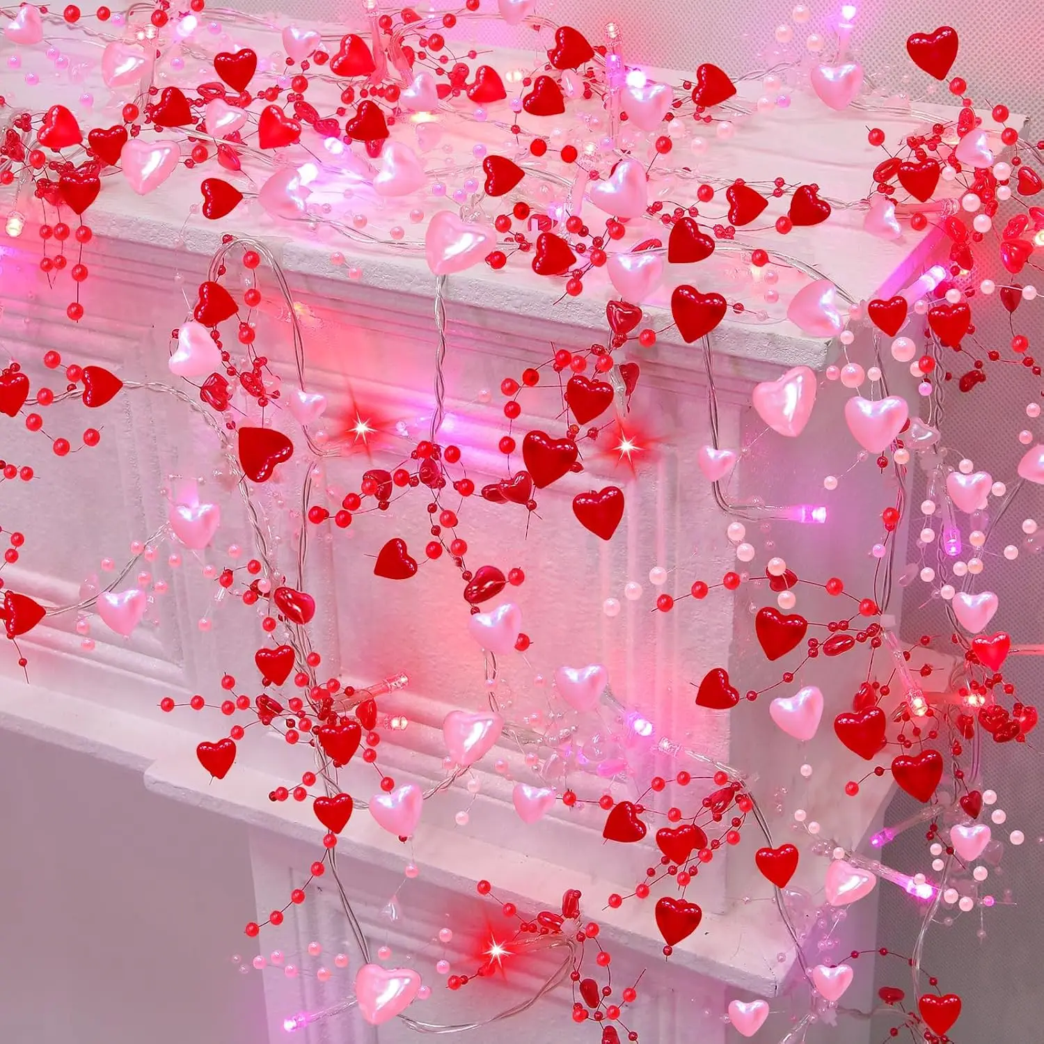 [Timer] 2 Pack Valentines Day Decorations  & Red Hearts Lights, Valentine Day Garland with Light  13Ft 40LED Beads Hearts String Light  Operated Valentines Day Lights for  Bedroom