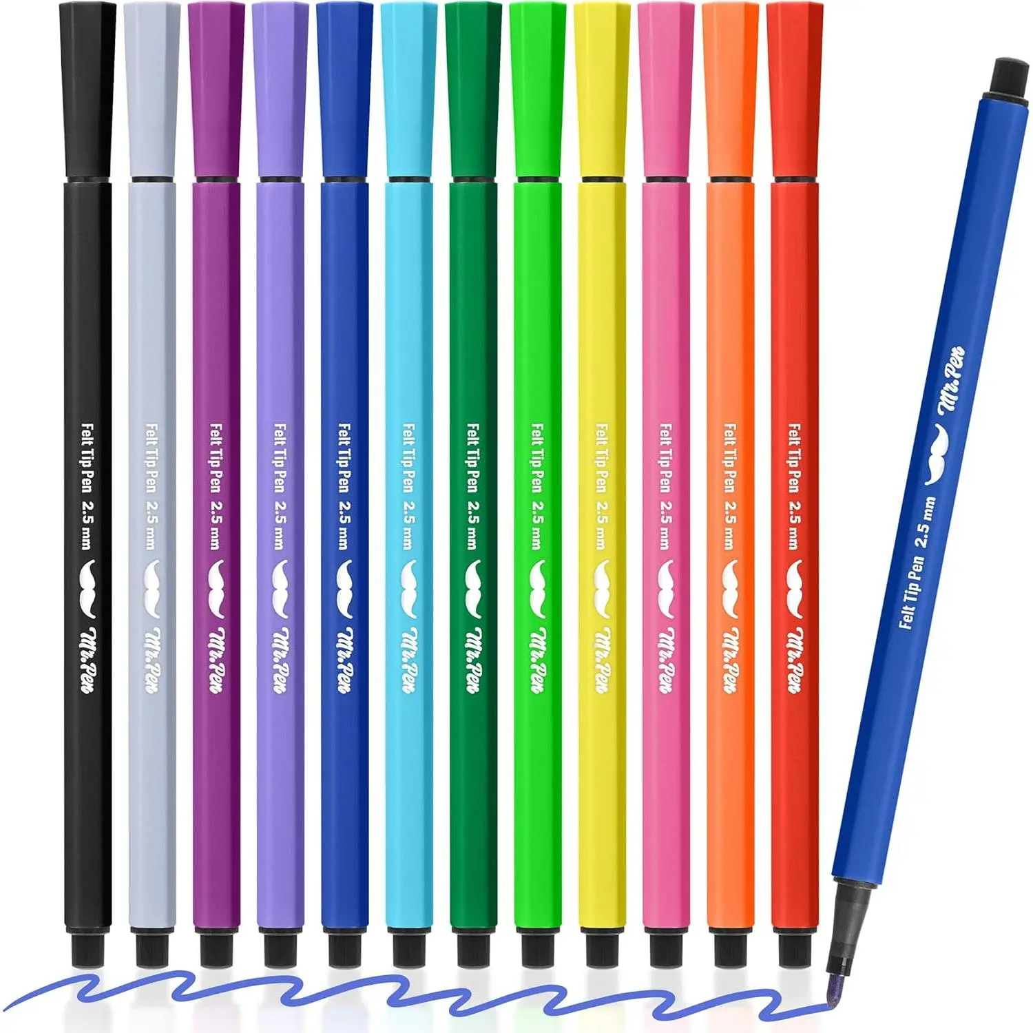 Felt Tip Markers Assorted Colors, 12 Pack, 2.5 mm Bold Point Felt Tip Pens for Journaling, Note Taking, Drawing