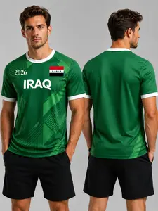 Men's Iraq Patriotic Graphic Short T-Shirt, Solid Trim, Geometric Line Print, Crew Neck, Breathable, Casual, Football Supporter