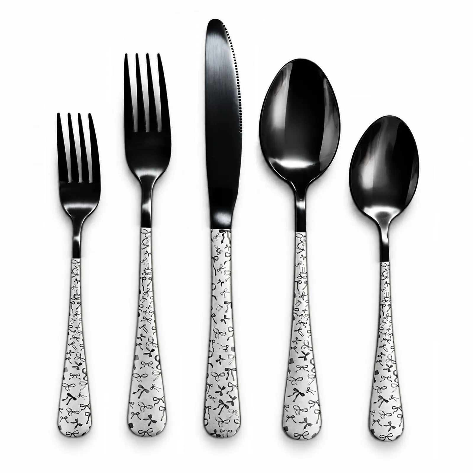 5-Piece Silverware Set, Stainless Steel Flatware with Bow Pattern Handle, Coquette Style Cutlery, Dinner Fork, Salad Fork, Knife, Spoon, Teaspoon, Tableware