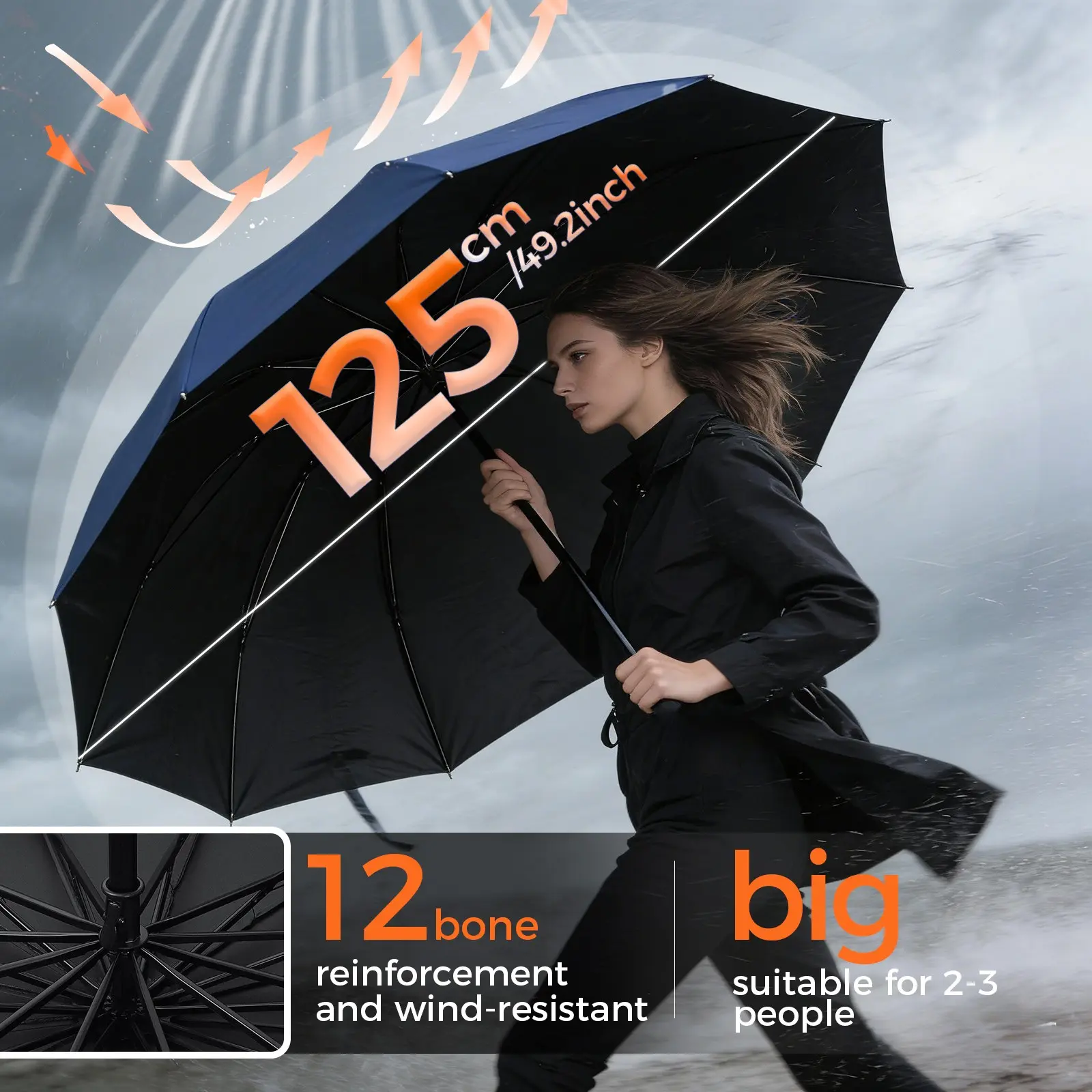Large 12-Rib Folding Umbrella, Reinforced Steel Frame, 4 Colors Available, Manual Open-Close, Portable Foldable, Suitable for 2-3 People