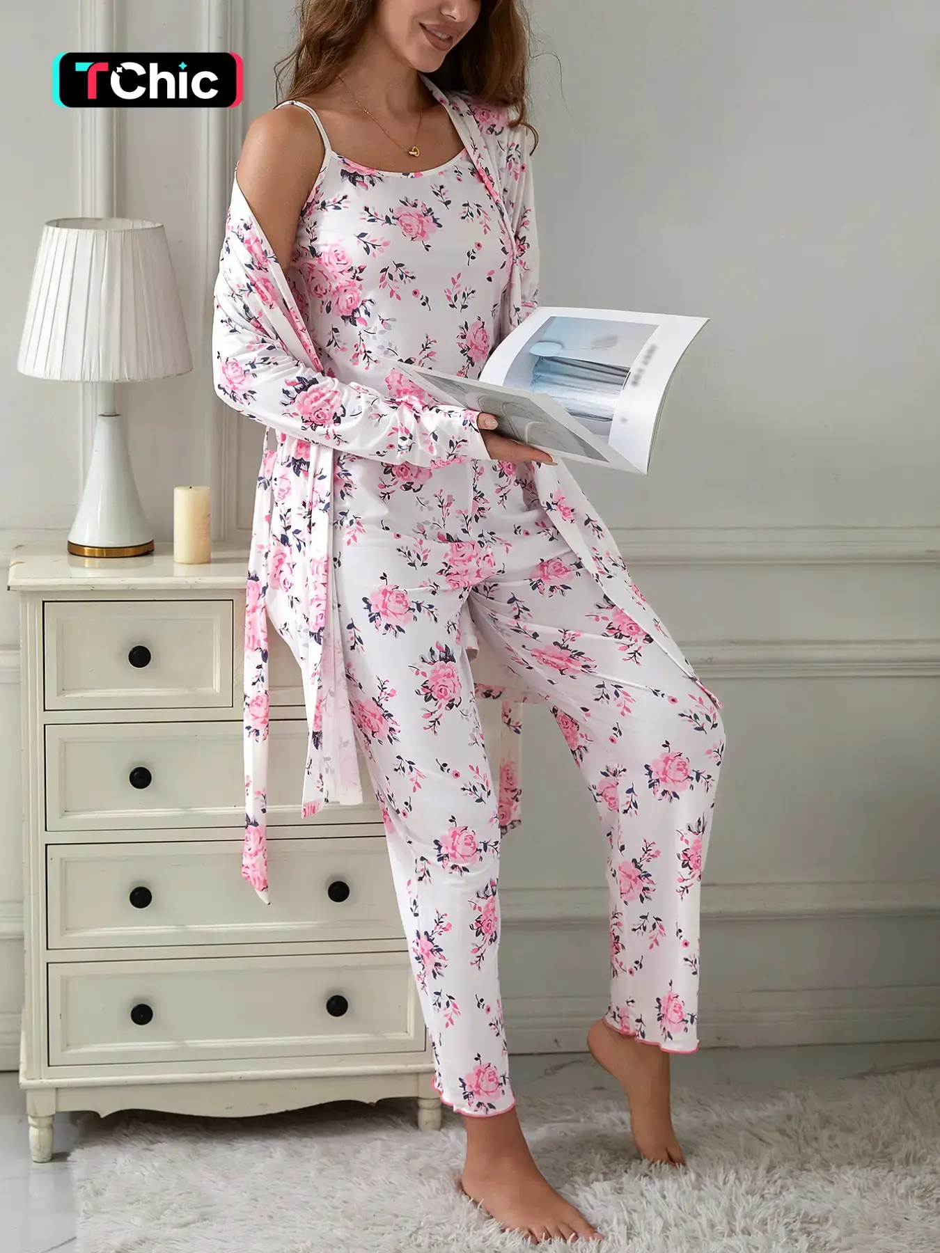 Women's Romantic Rose Print Halter Pants + Tie-Back Sleep Robe 3-Piece Set, Casual Floral Chic Pajama Set for All Seasons, Home & Vacation Wear Loungewear Nightwear