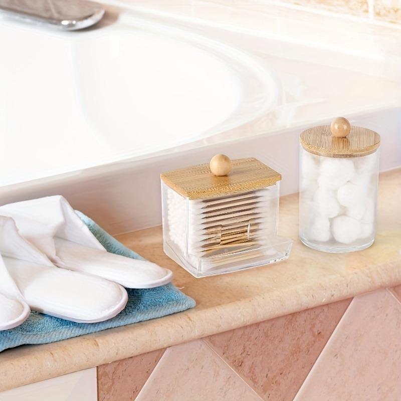 Clear Storage Jar with Wooden Lid, 3 Counts/1 Set Cotton Swab Storage Box, Bathroom Storage Container for Cotton Swab, Cotton Ball, Floss Picks