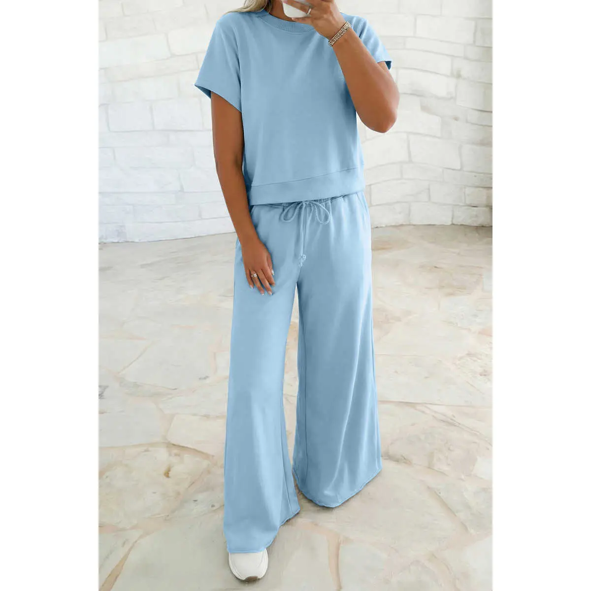 Women's Minimalist Mist Blue Solid 2-Piece Outfit - Adjustable Drawstring, Short-Sleeve Loose Tee, Breathable Wide-Leg Basic Pants, Shortsleeve, Casual, Everyday, Fabric, Women's Clothes, Leg Pants