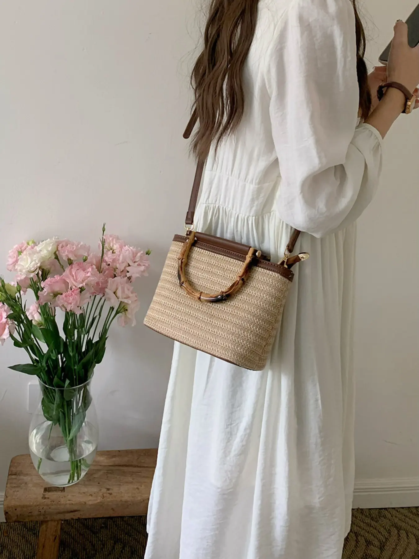 2026 Summer New Trendy Casual Crossbody Bag, crossbody handbag, Handwoven Small Backpack for Women, Elegant Straw Bucket Bag, Stylish Ladies' Accessory, Casual Fashion Bag